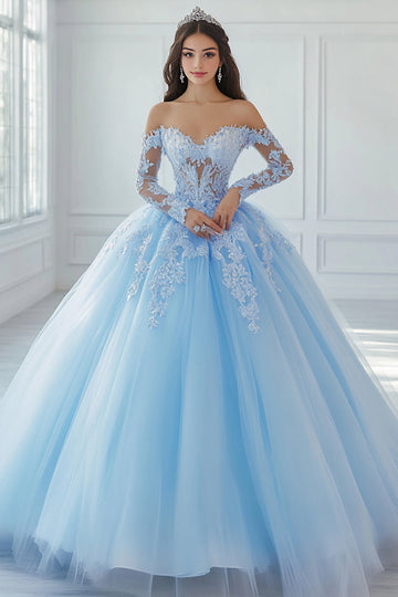 Off The Shoulder Appliqued Ball Gown Sky Blue Lace Quinceanera Dress